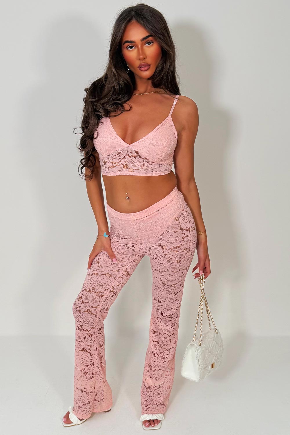 high waist flared lace trousers and crop top two piece co ord set pink styledup fashion