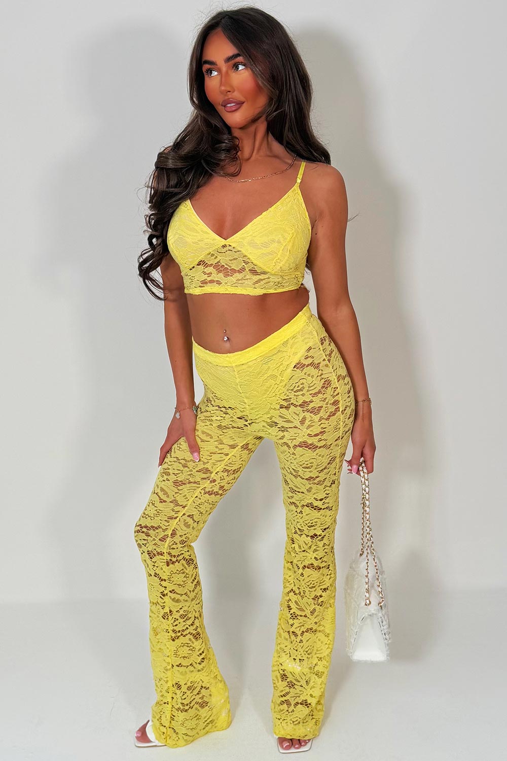 high waist flared lace trousers and crop top two piece co ord set yellow styledup fashion