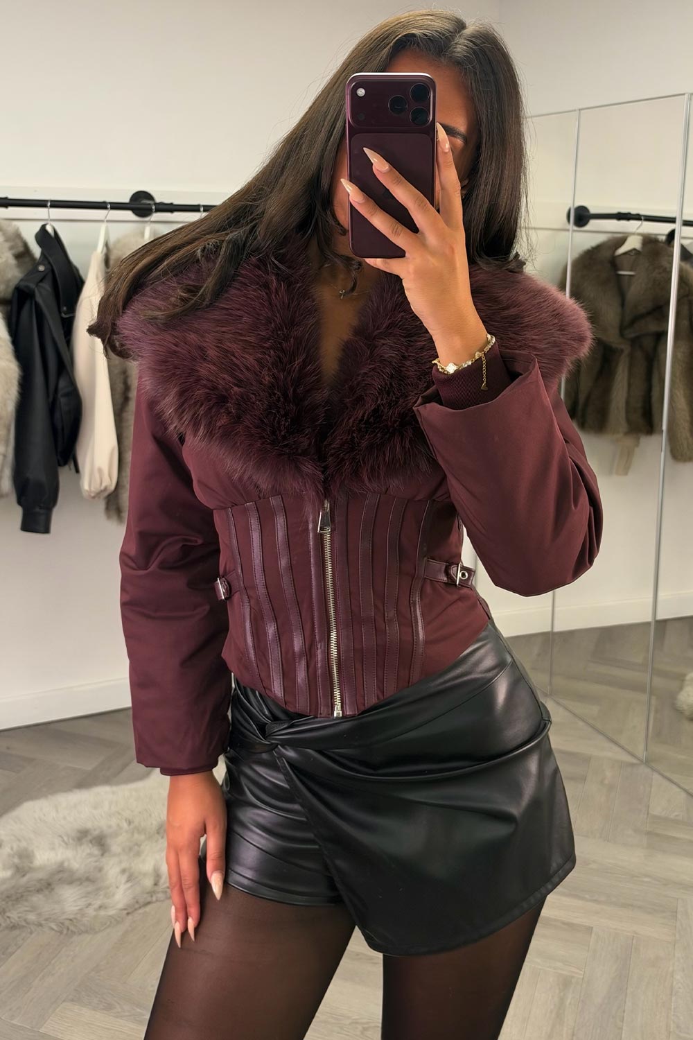 faux fur collar corset detail jacket styledup uk