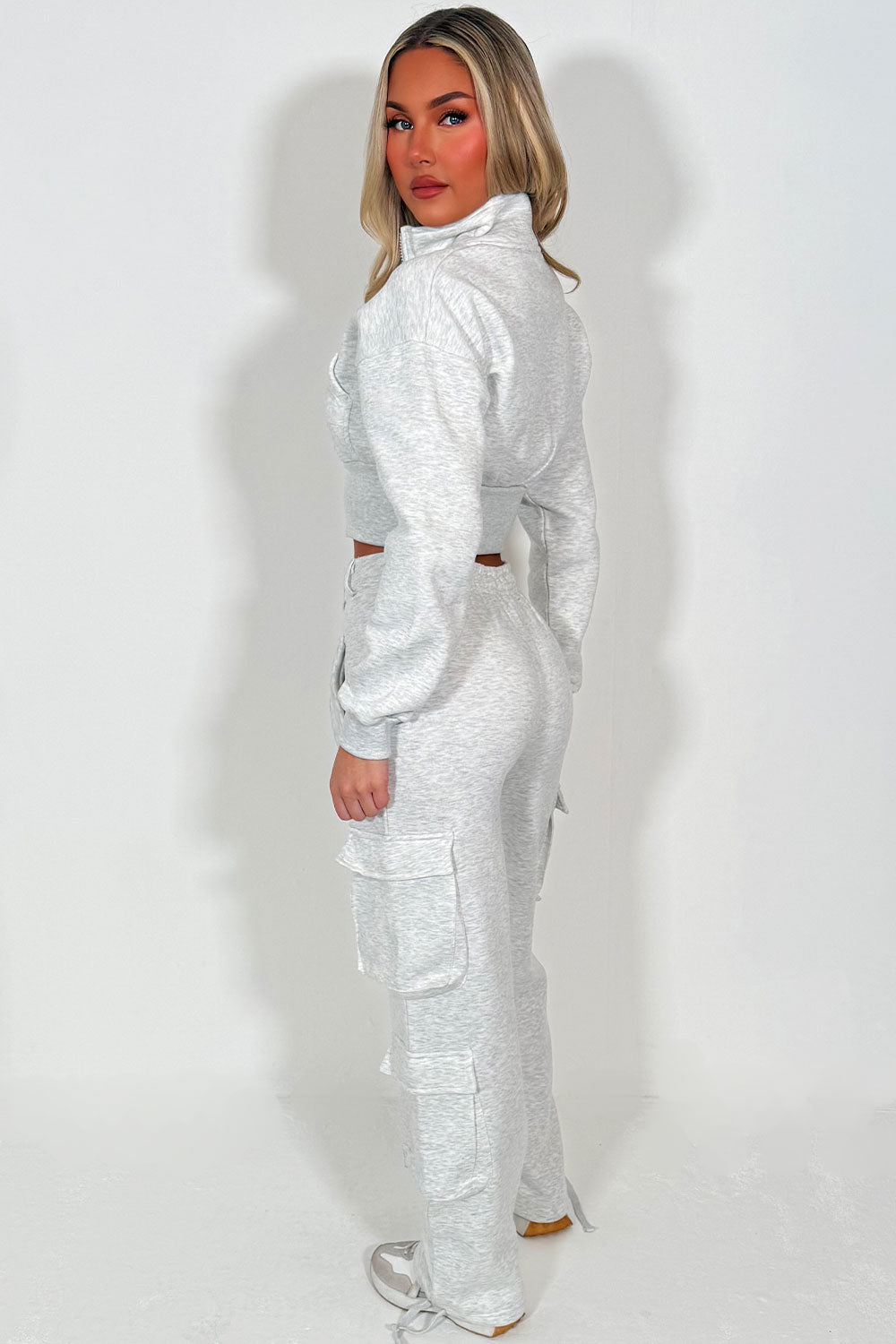 cargo joggers and crop sweatshirt loungewear co ord set for womens casual outfit for winter spring