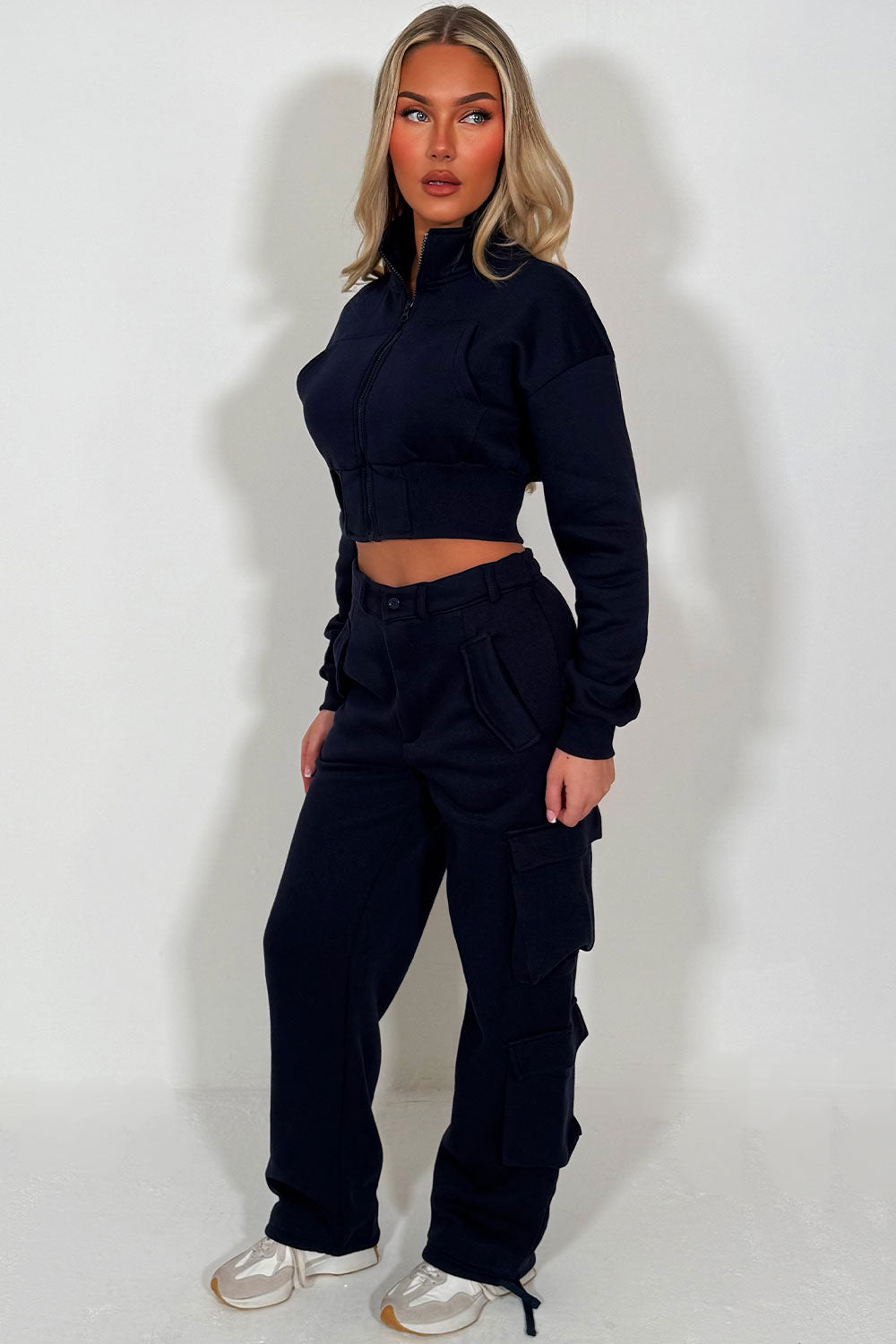womens cargo joggers and crop zip up sweatshirt two piece lounge set styledup