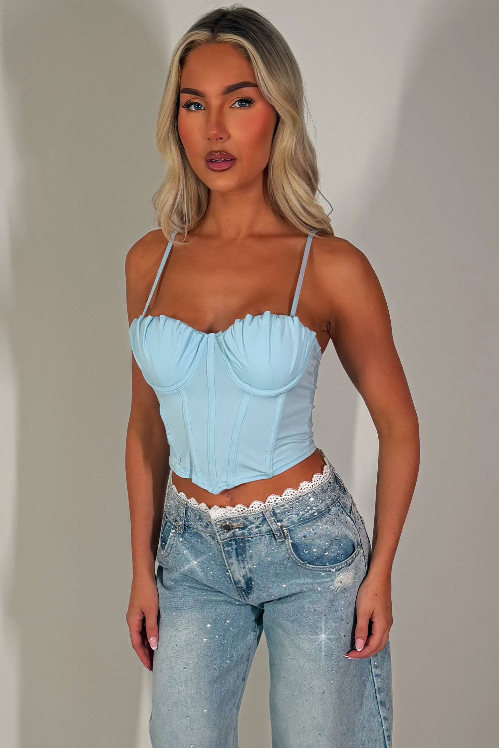 sky blue bustier corset top with straps going out festival night out outfit styledup