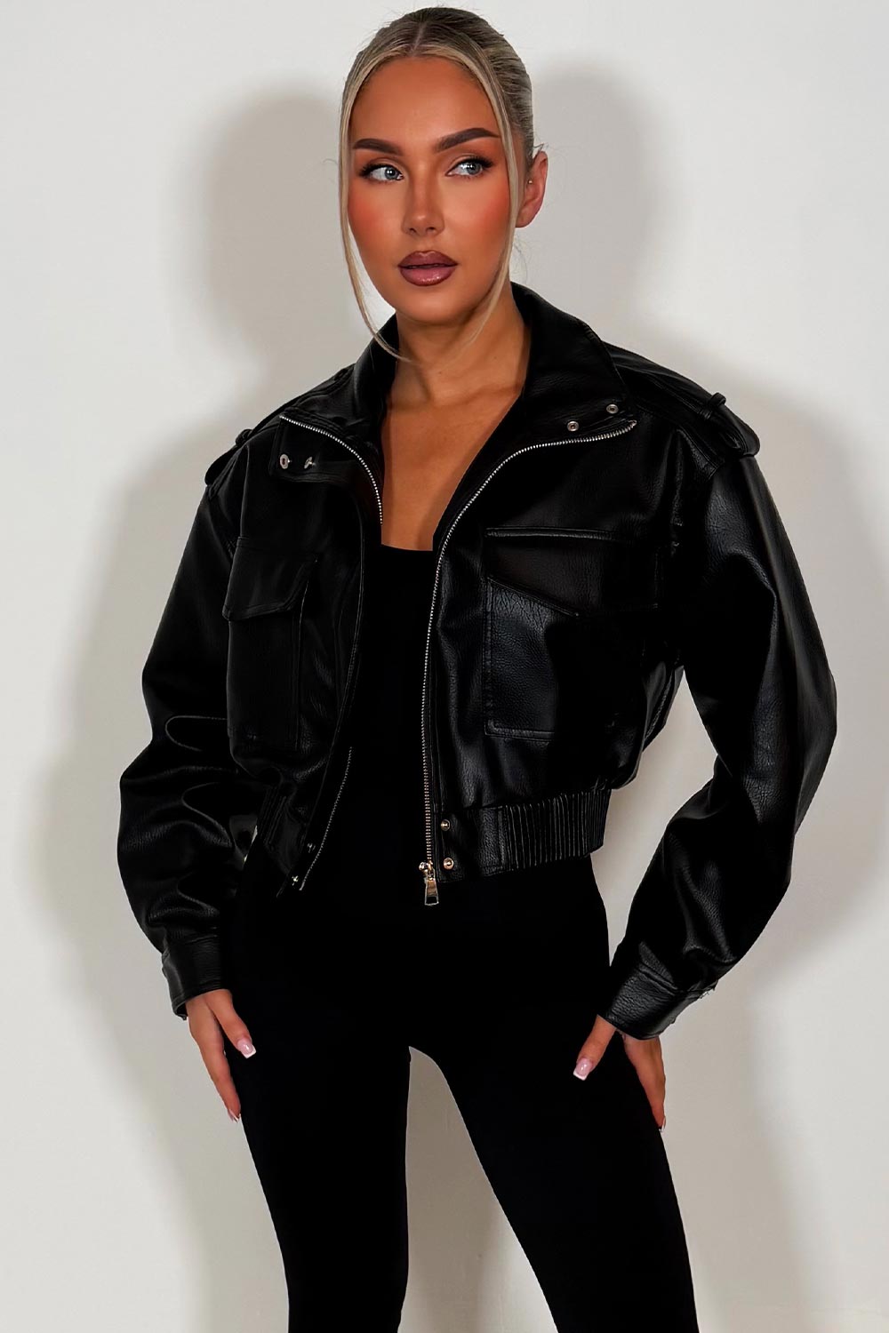 zara womens faux leather jacket with shoulder tabs black sale styledup