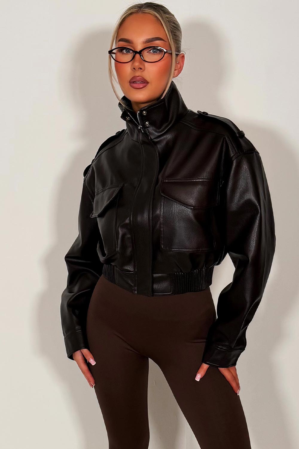 zara womens faux leather jacket with shoulder tabs brown sale styledup