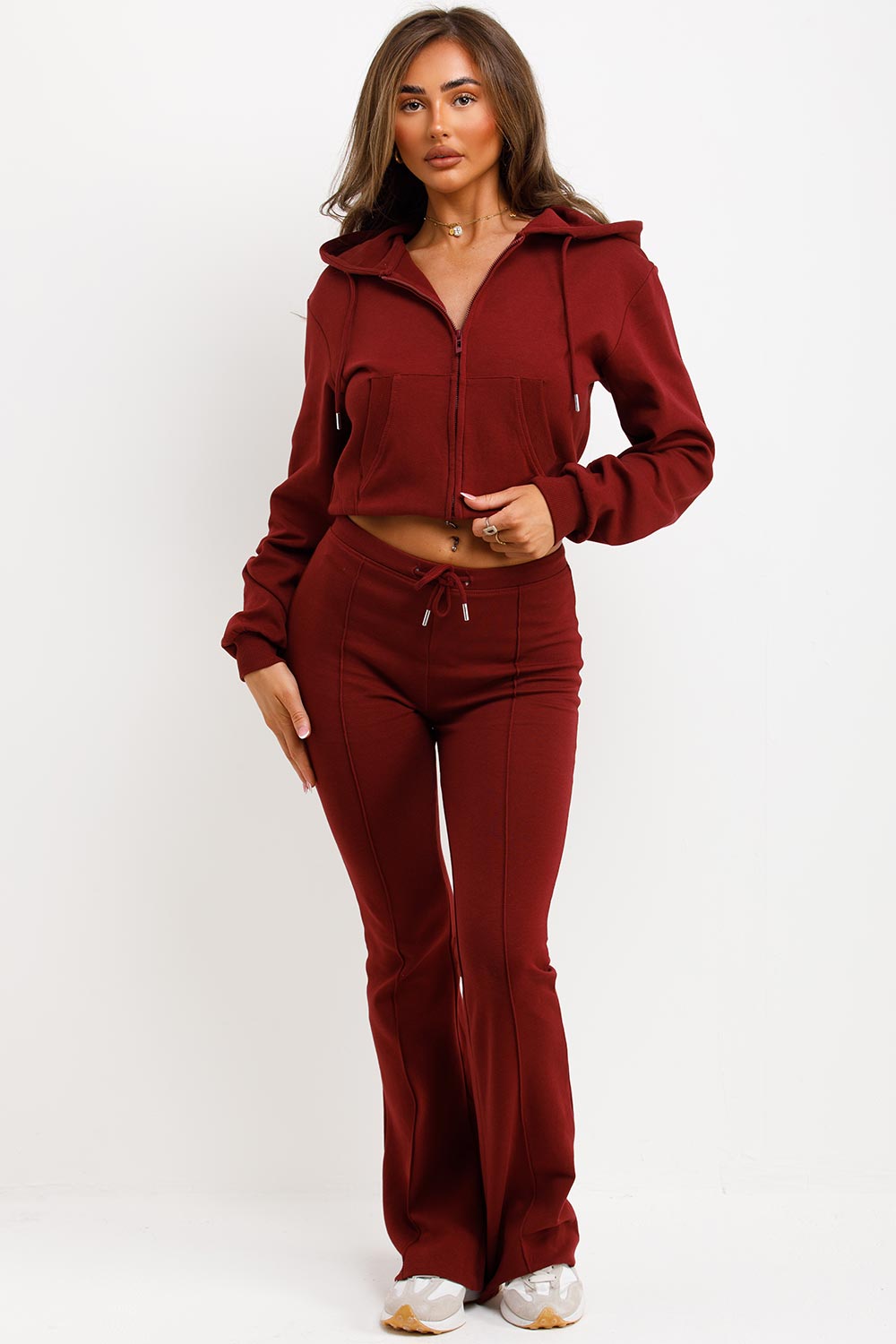 cropped zip bell bottom tracksuit burgundy styledup fashion