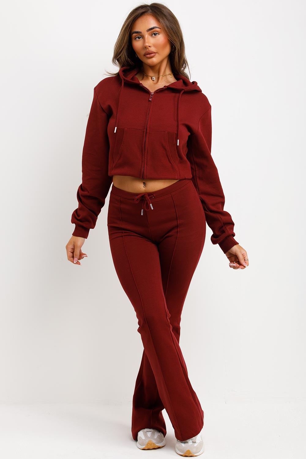 bell bottom flared tracksuit burgundy styledup fashion
