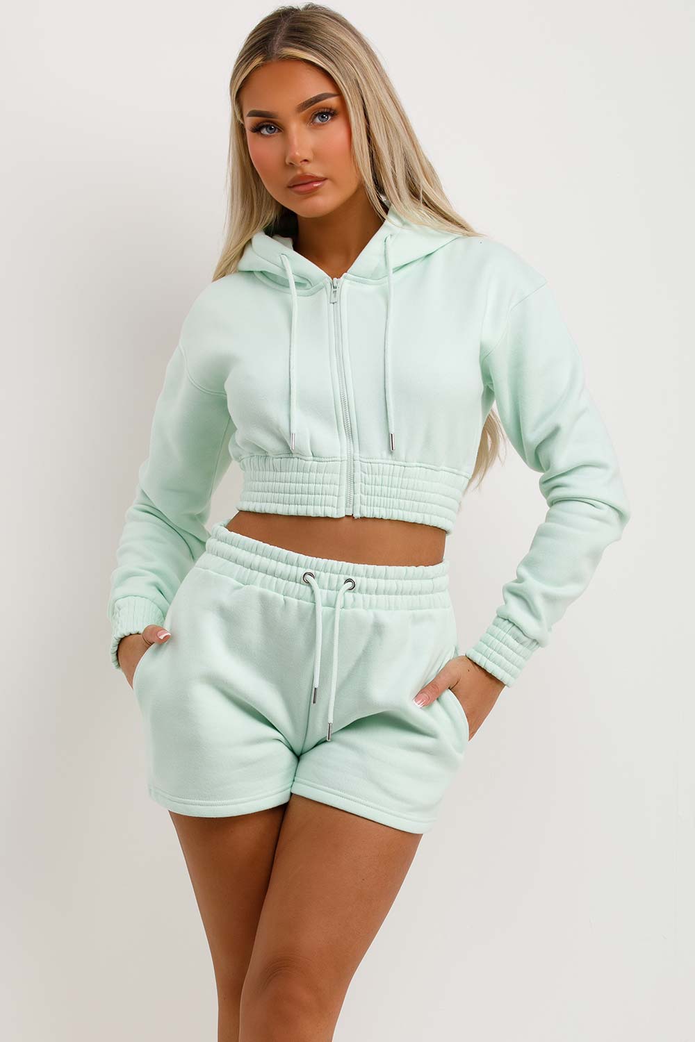 womens shorts and crop zip hoodie tracksuit set