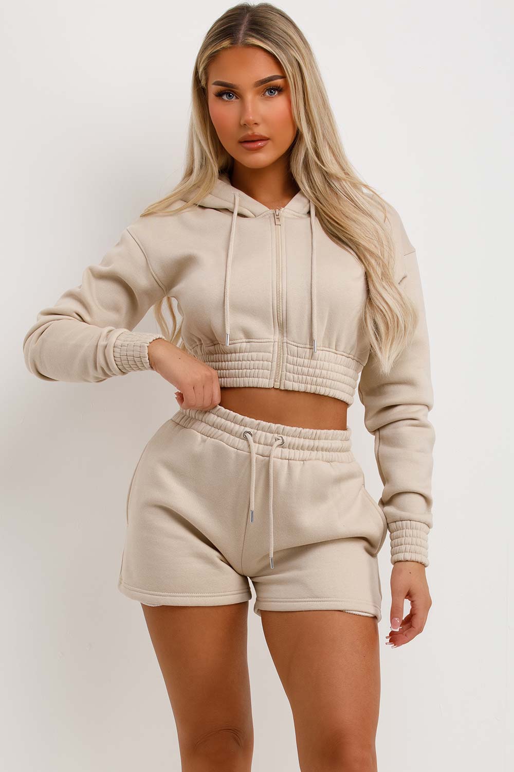 womens crop zip hoodie and shorts tracksuit co ord set