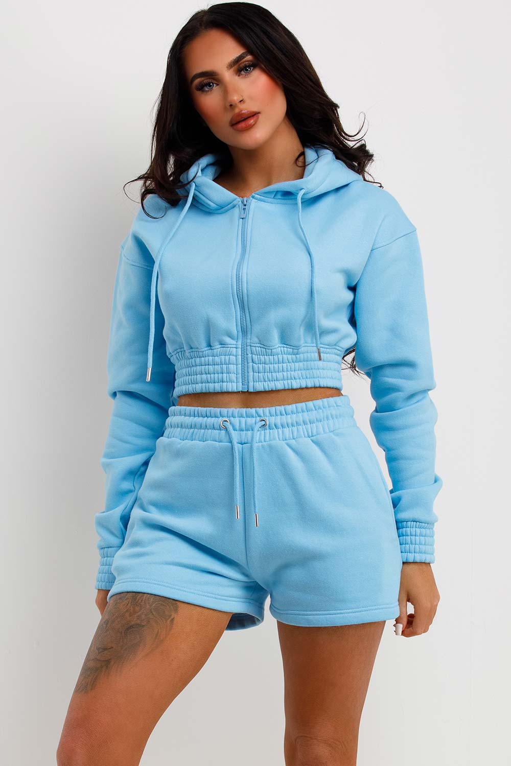 crop zip hoodie and shorts tracksuit set womens lounge set