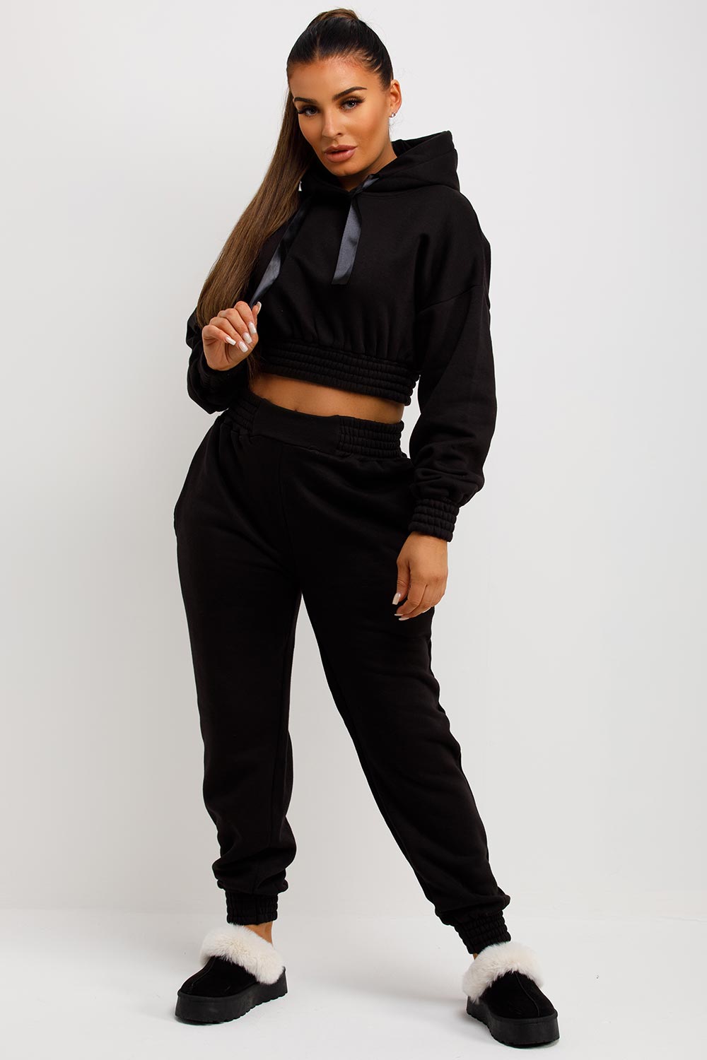 womens black crop tracksuit co ord set