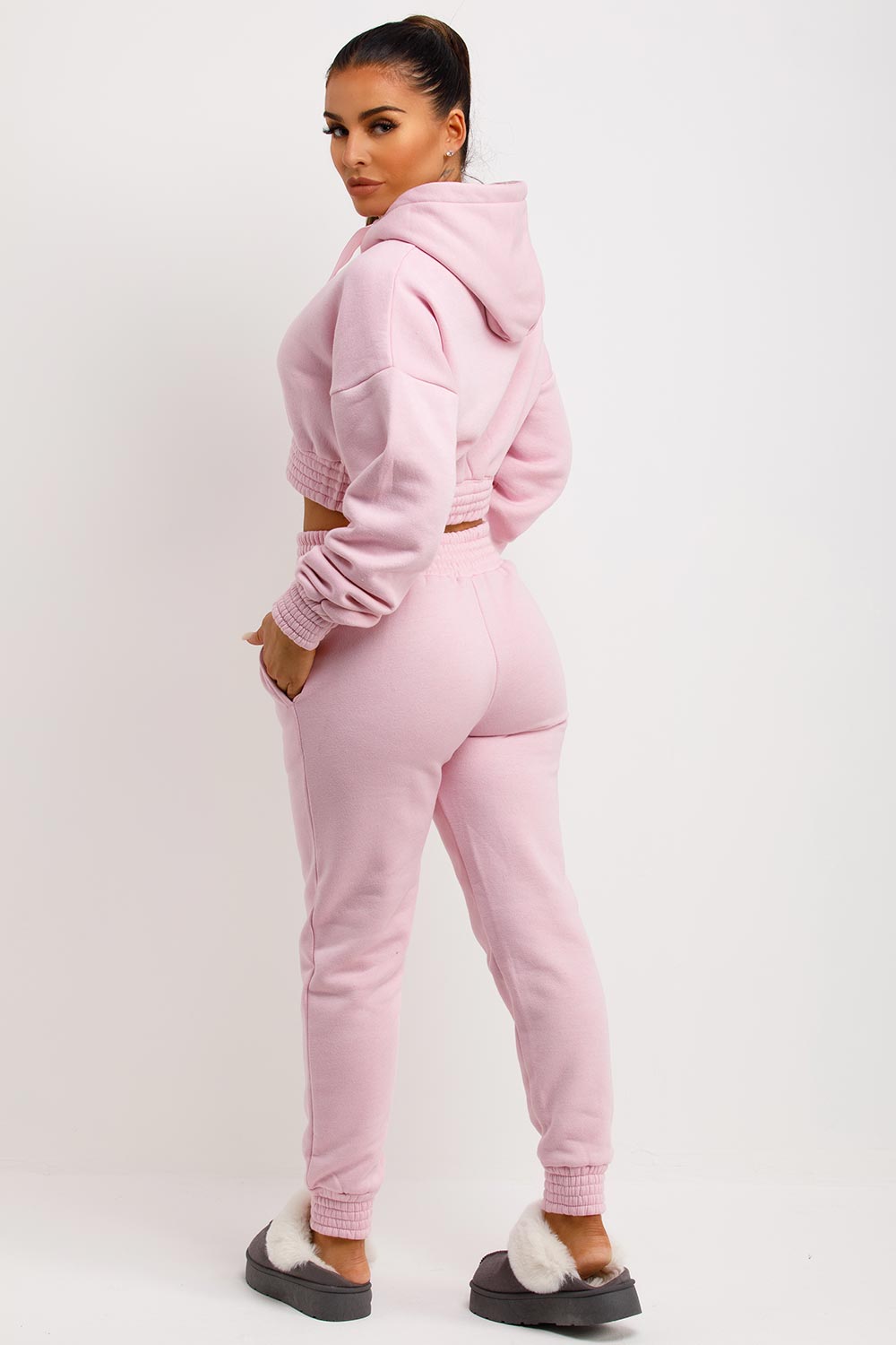 womens crop hooded sweatshirt and joggers co ord set