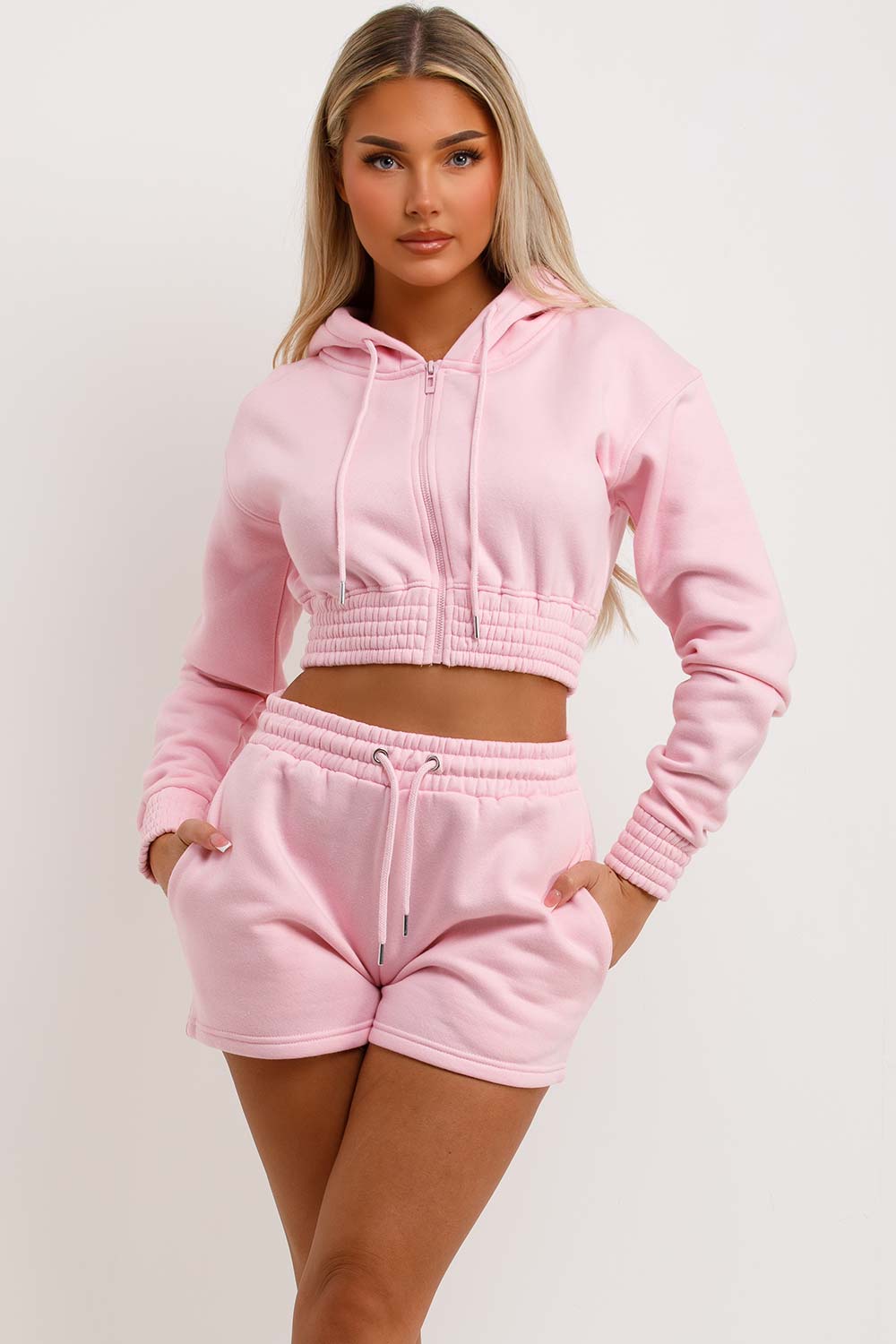 womens shorts and crop zip hoodie tracksuit set