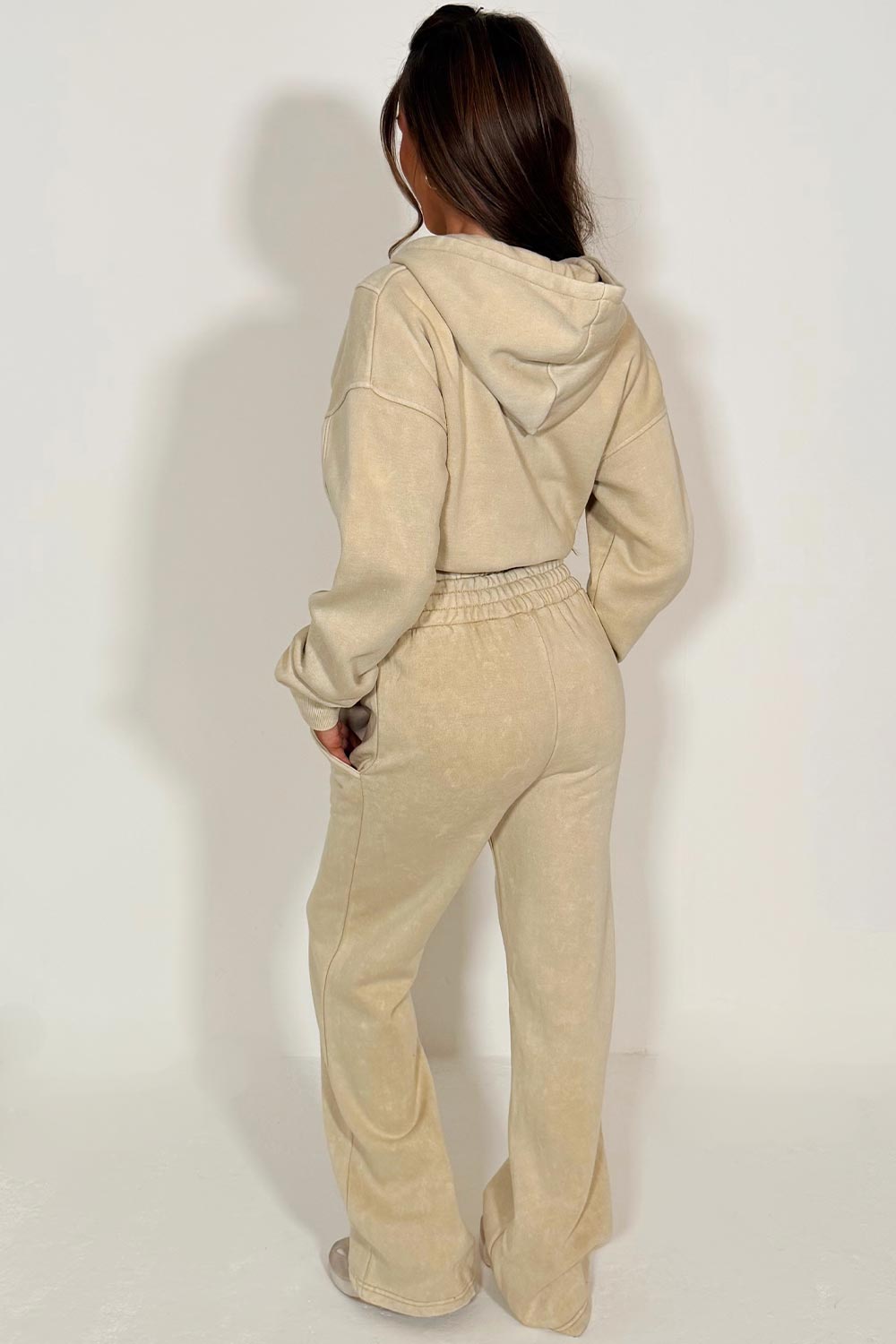 wide leg joggers and crop zip up hoodie acid wash loungewear co ord set beige