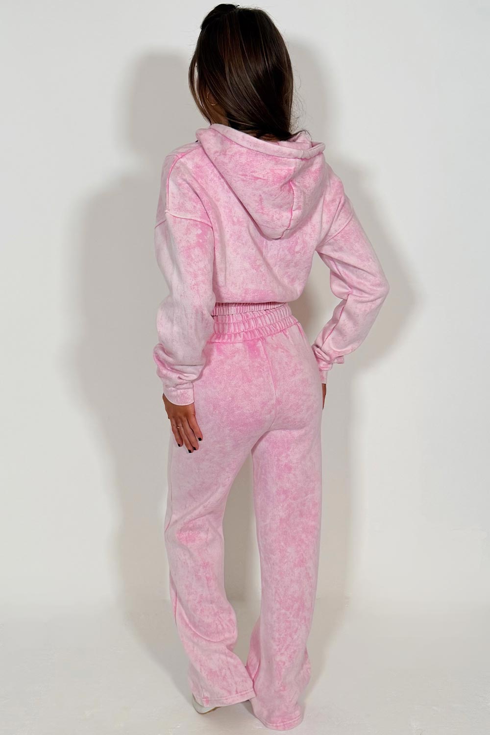 wide leg joggers and crop zip up hoodie acid wash loungewear co ord set pink