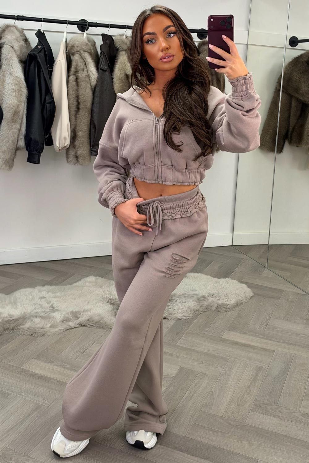 womens crop hoodie and joggers two piece loungewear co ord set styledup fashion airport outfit styledup white fox uk
