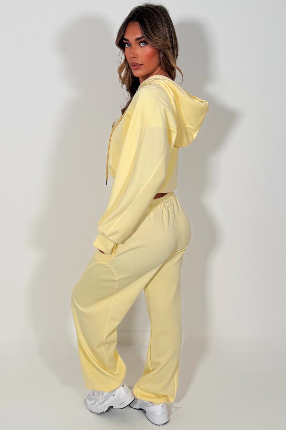 womens yellow oversized zip up crop hoodie and joggers tracksuit co ord set styledup