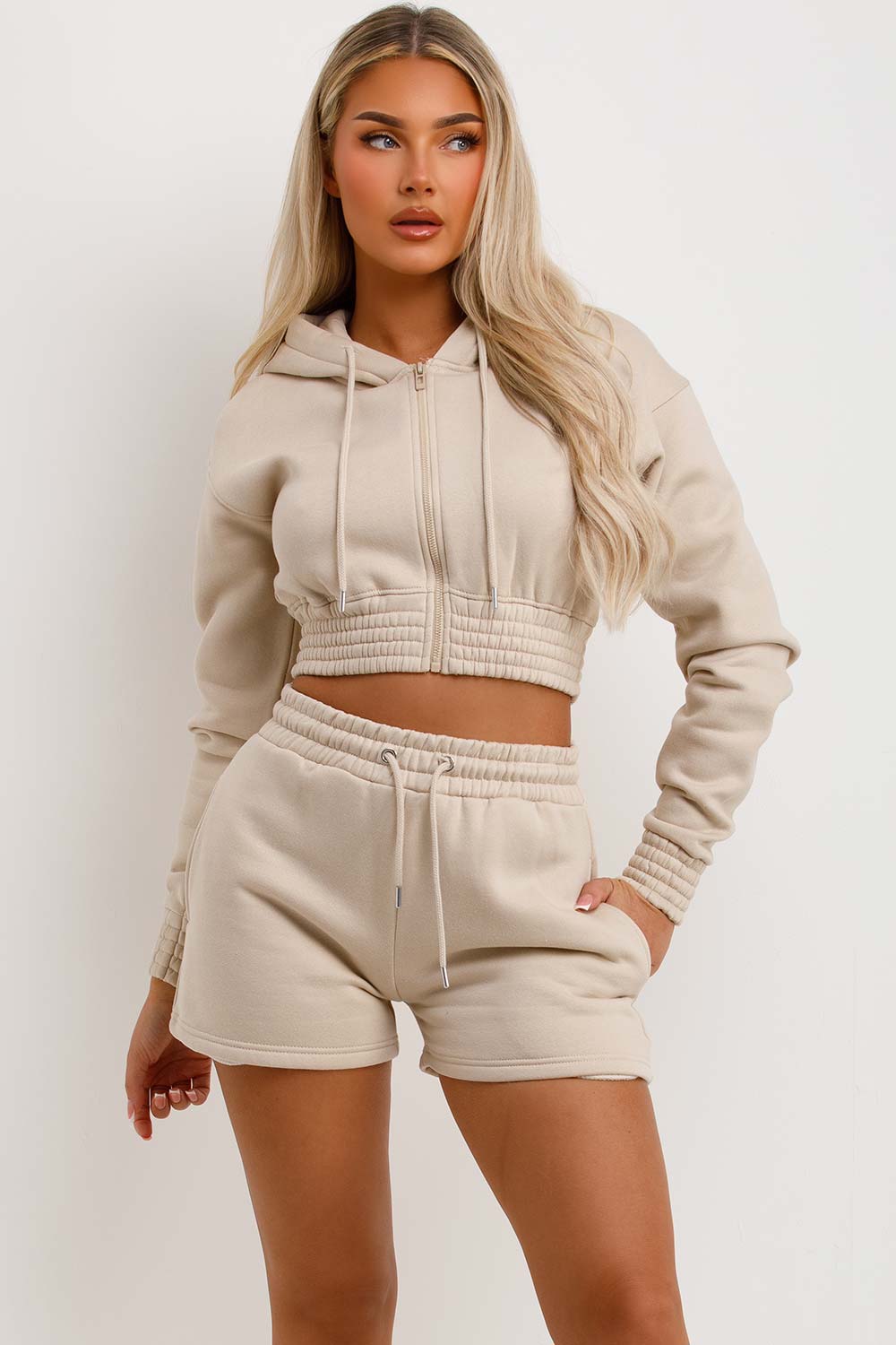 womens shorts and crop zip hoodie tracksuit set