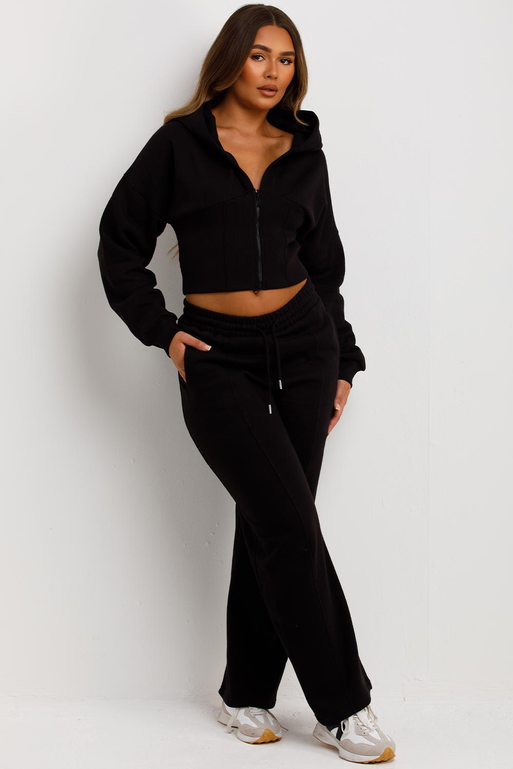 womens crop corset hoodie and joggers two piece loungewear co ord set styledup fashion airport outfit