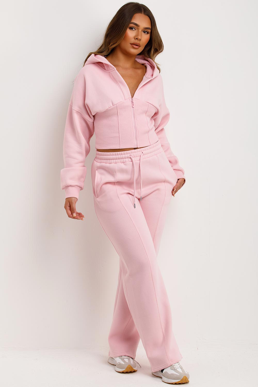 womens crop corset hoodie and joggers tracksuit set airport outfit styledup
