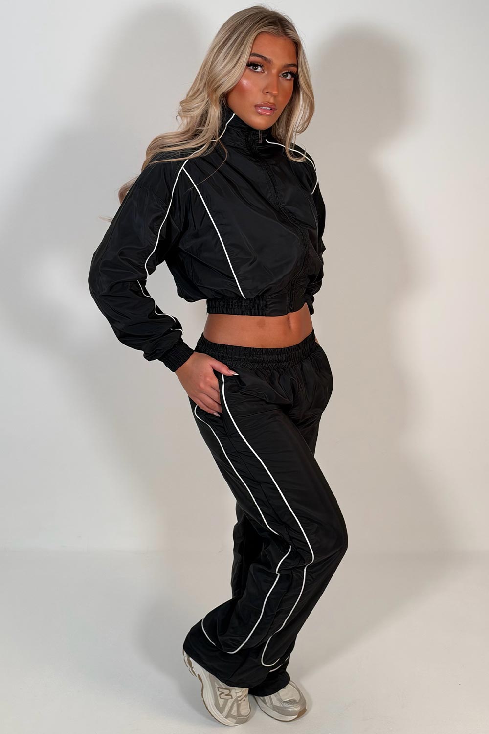 womens crop funnel neck jacket and wide leg trousers two piece co ord set black styledup