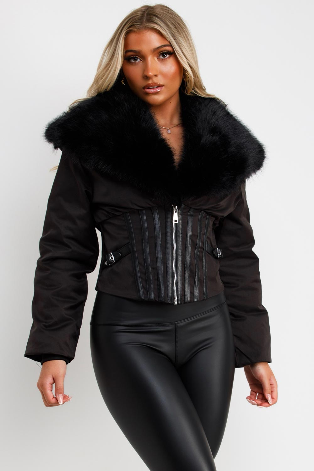 faux fur collar crop winter jacket styledup uk