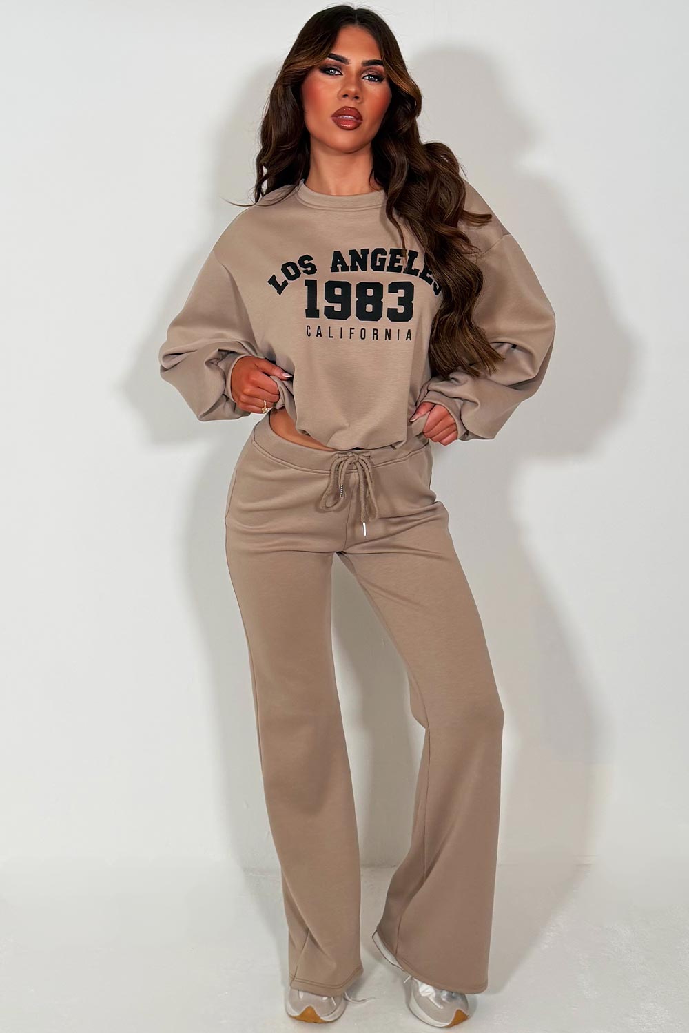 womens crop oversized sweatshirt and flare trouser two piece co ord set beige styledup