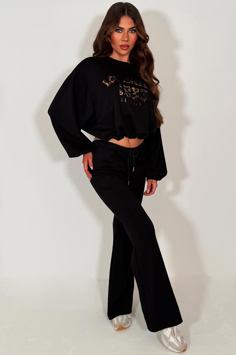 womens flare trouser and crop oversized sweatshirt loungewear set black styledup