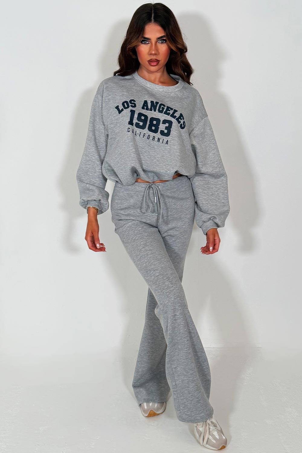 womens flare trouser and crop oversized sweatshirt loungewear set grey styledup