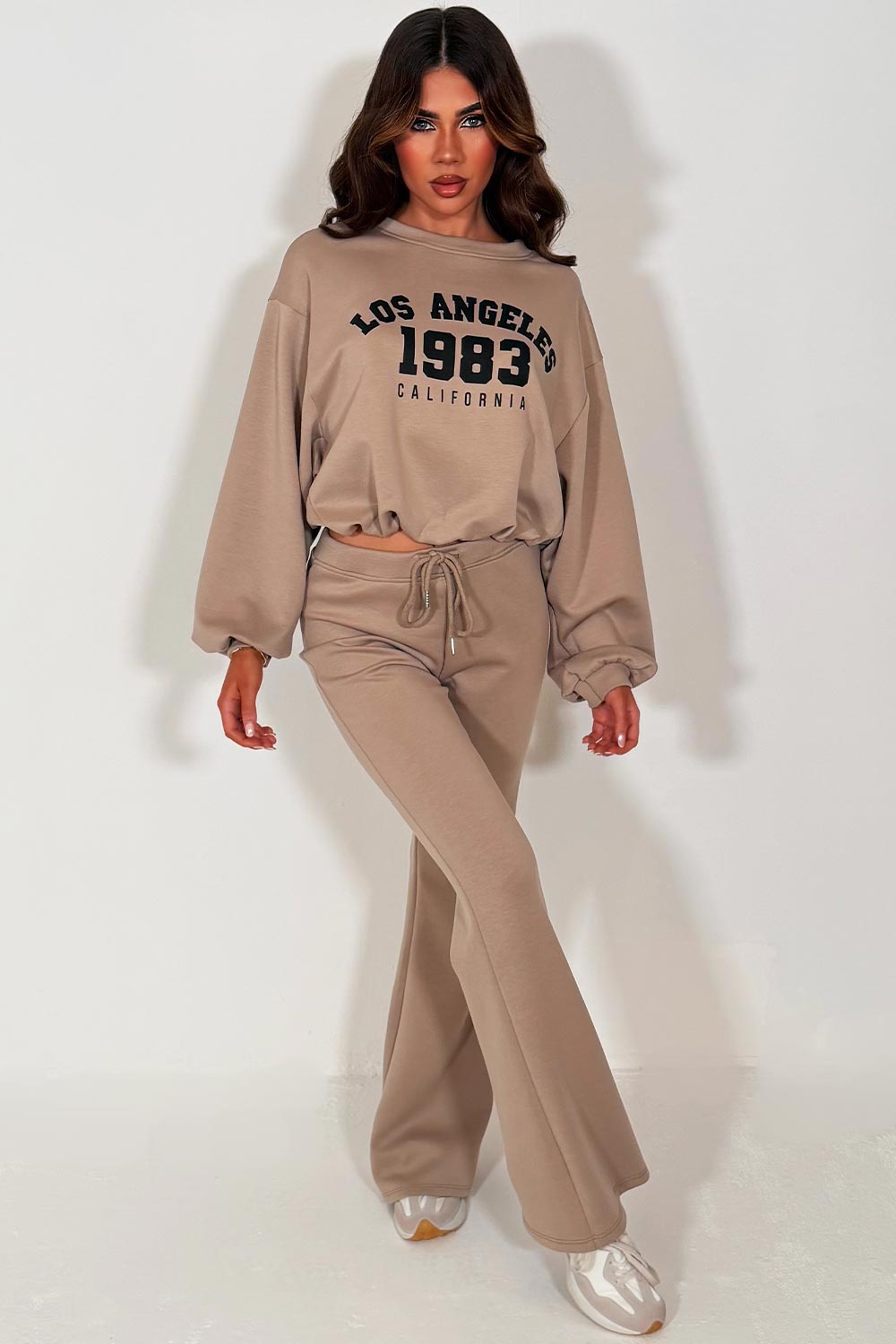 womens oversized crop sweatshirt and flare trouser loungewear co ord set styledup fashion