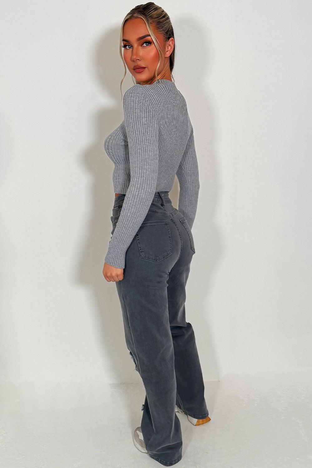 crop jumper with long sleeves womens knitwear styledup
