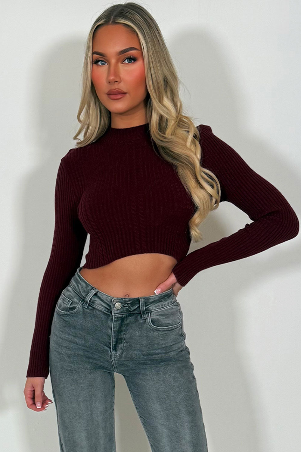 womens burgundy crop jumper cable knit styledup