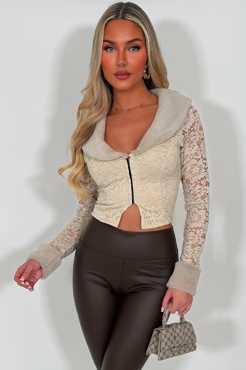 long sleeve lace top with faux fur collar and cuff styledup