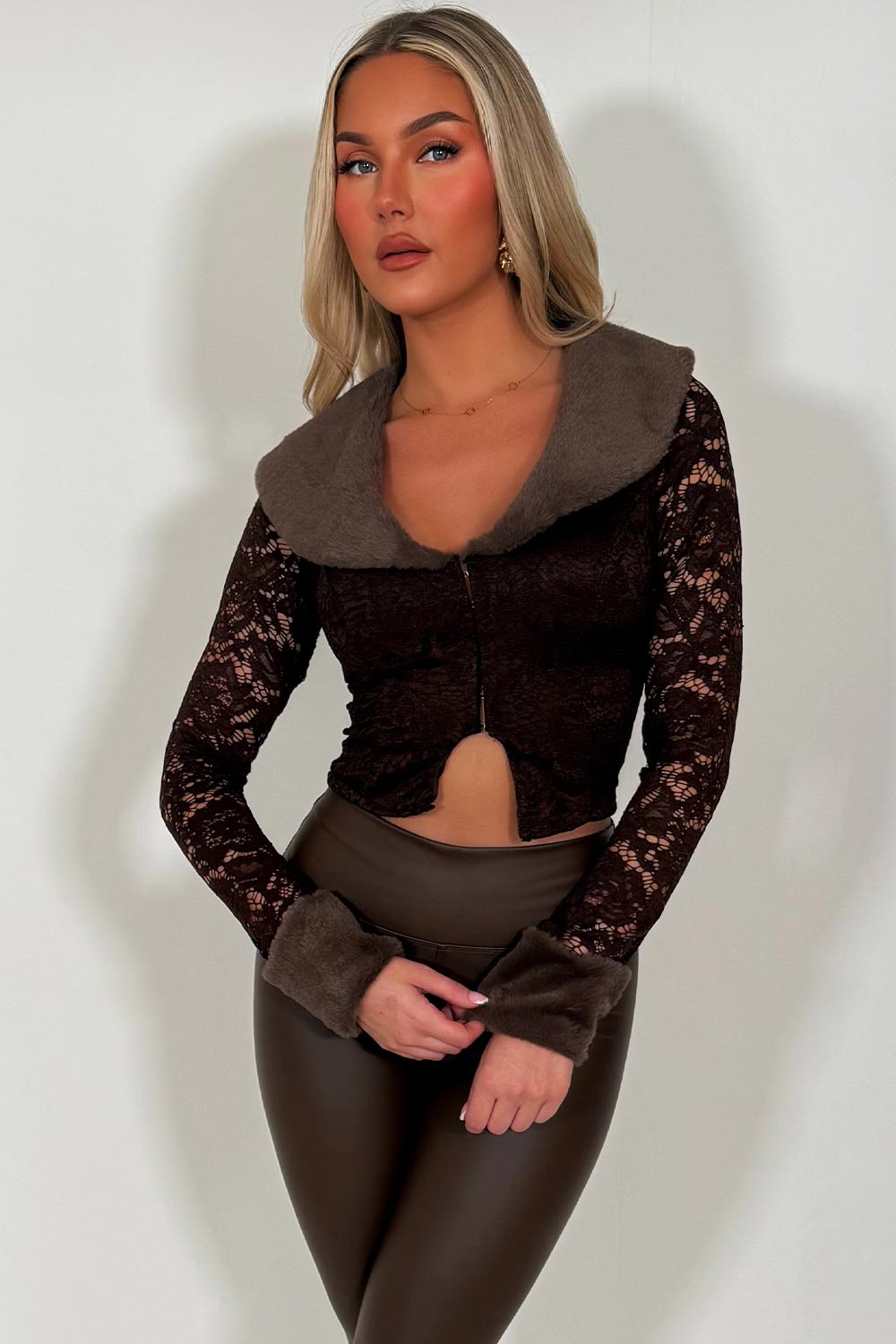 long sleeve lace top with fur cuff and collar styledup