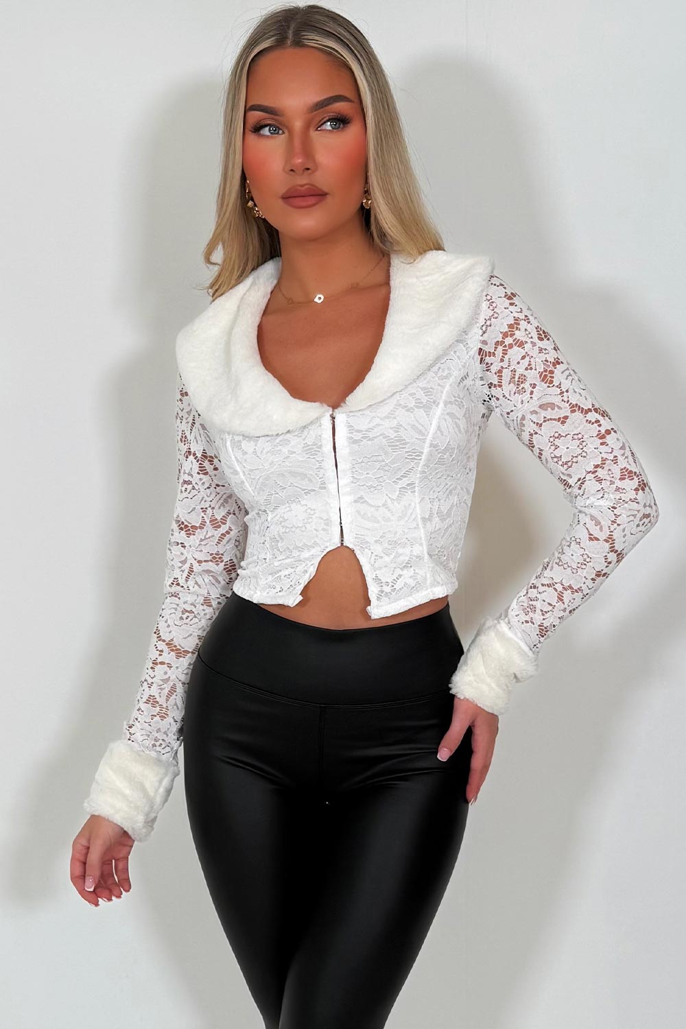 long sleeve lace top with fur cuff and collar styledup