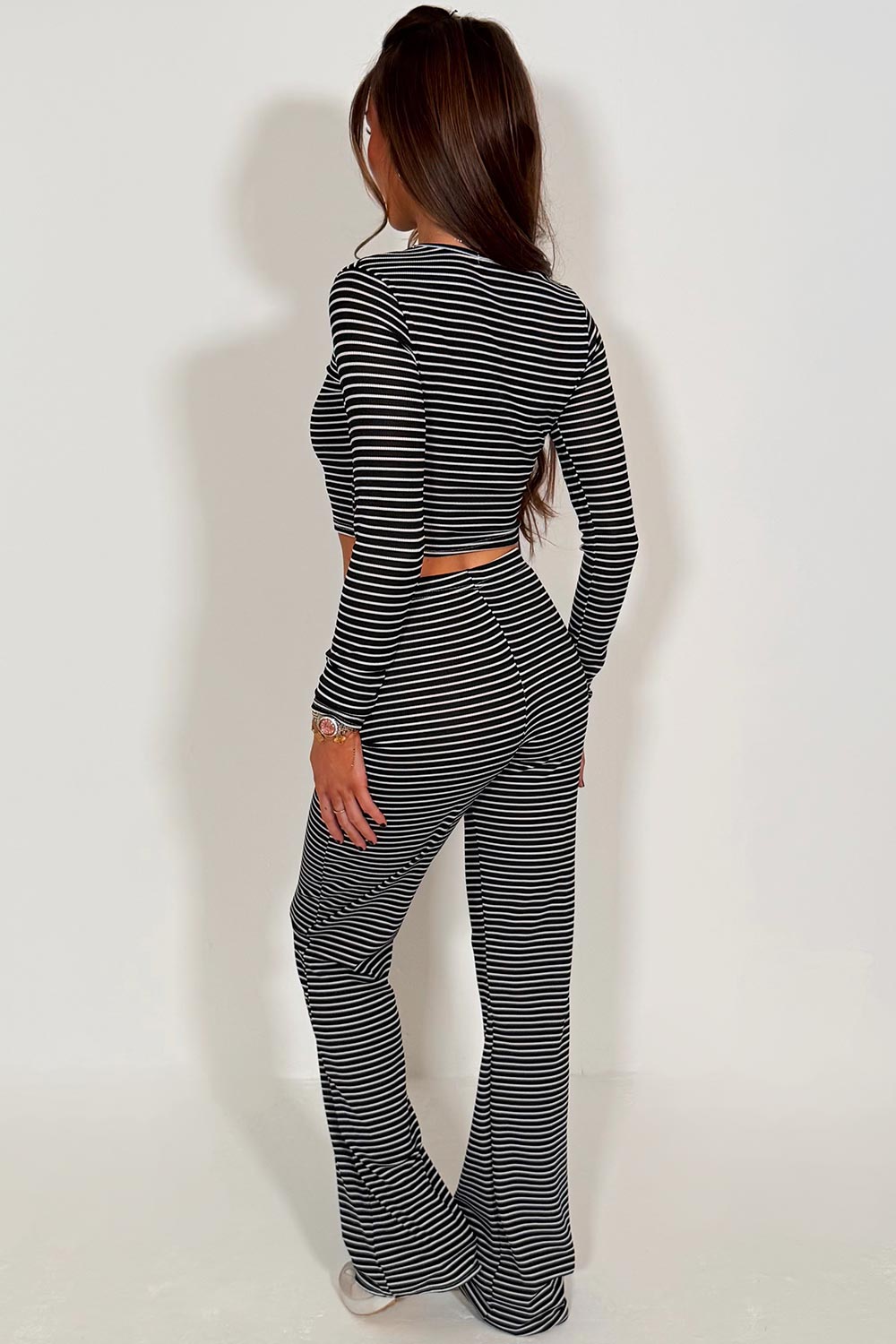 striped wide leg trouser and long sleeve crop top co ord lounge set for womens styledup