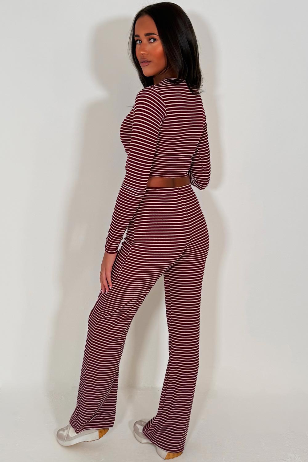 womens wide leg jogger and long sleeve top with stripes lounge set co ord styledup