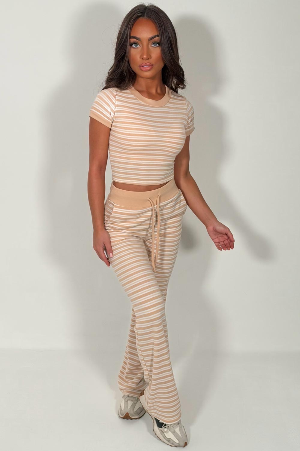 beige contrast striped trouser and top co ord set new season lounge set styledup uk