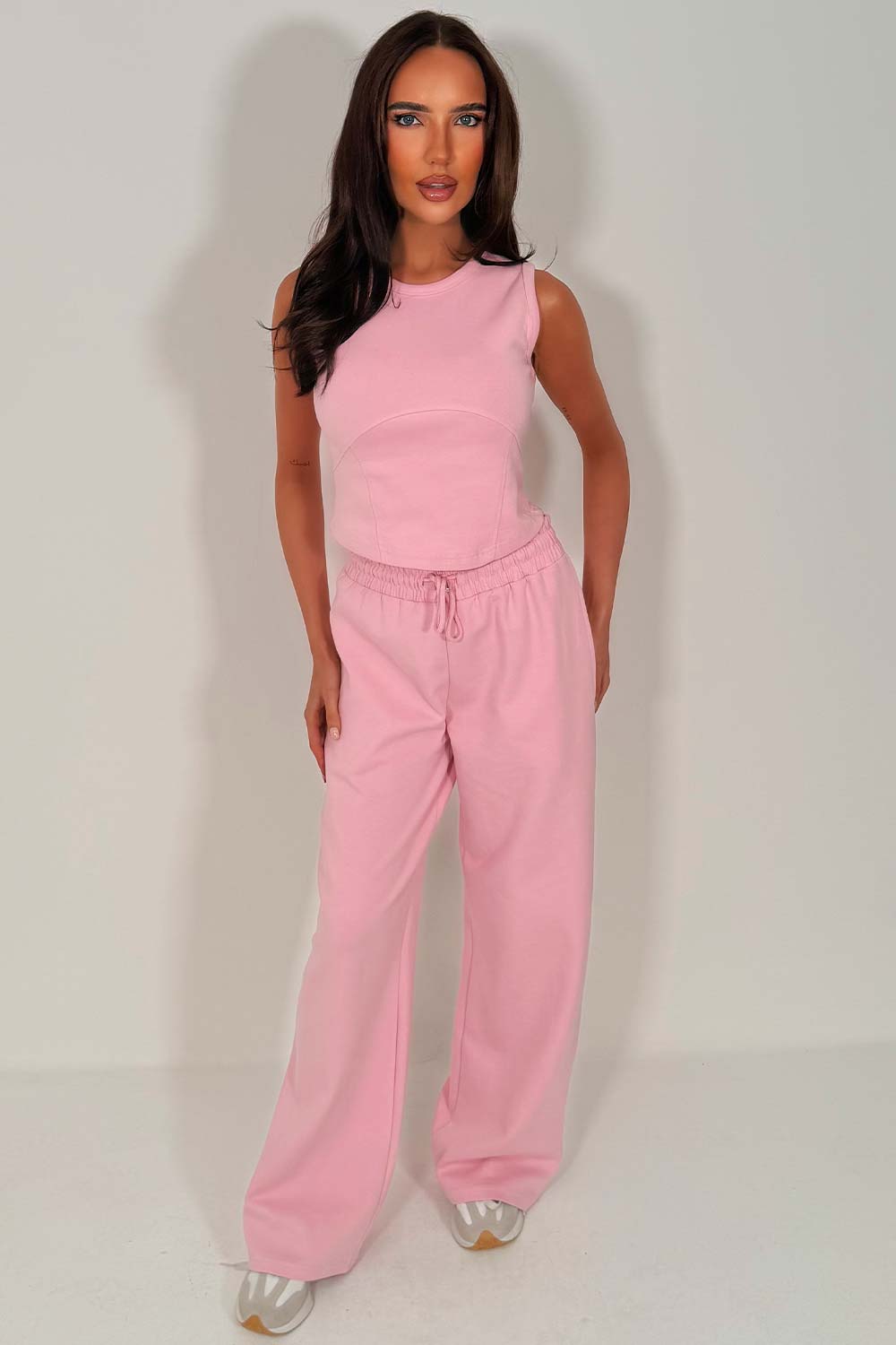 womens pink wide leg joggers and crop top two piece tracksuit co ord airport outfit zara uk