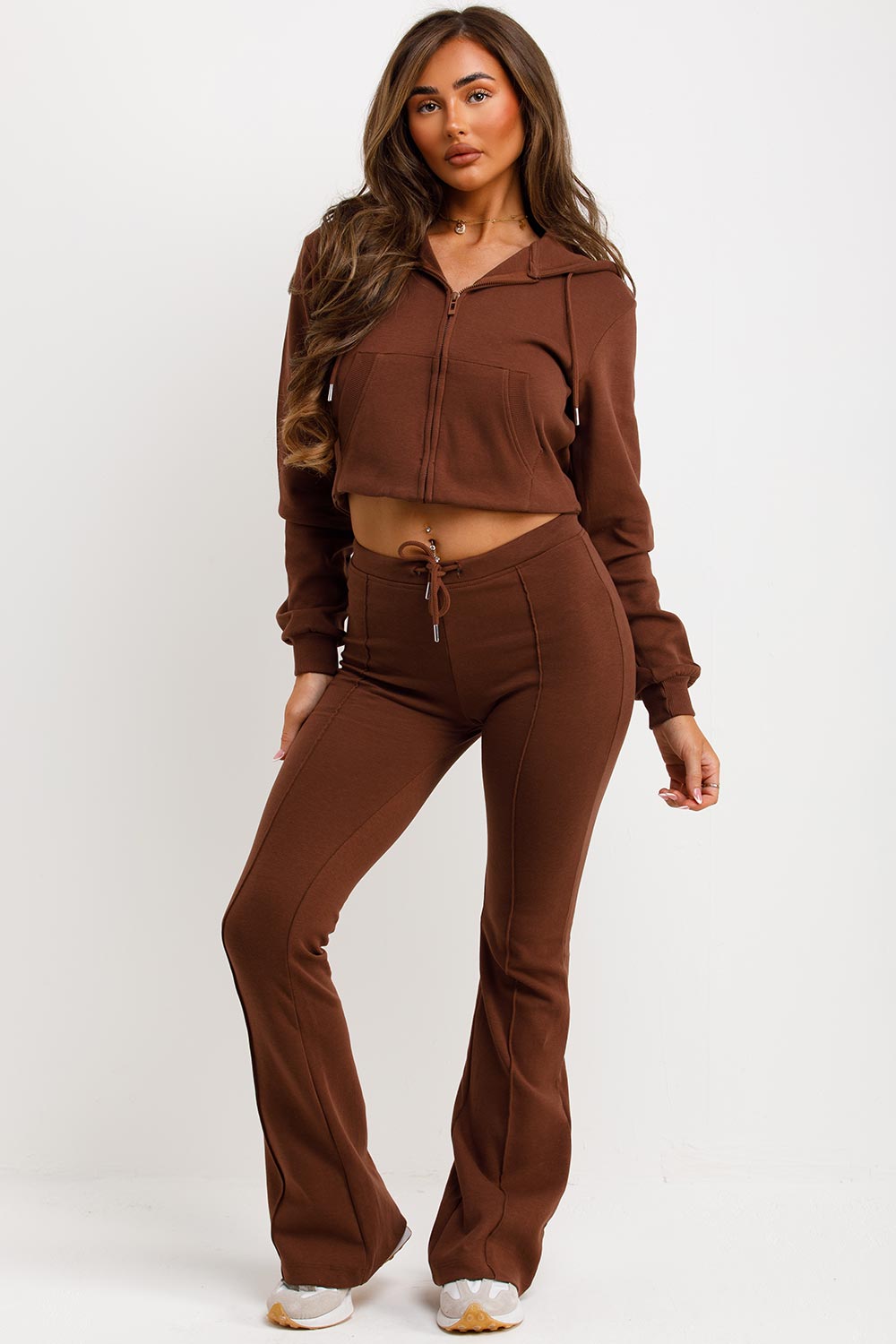 crop hooded sweatshirt and flare trousers two piece loungewear set zara womens