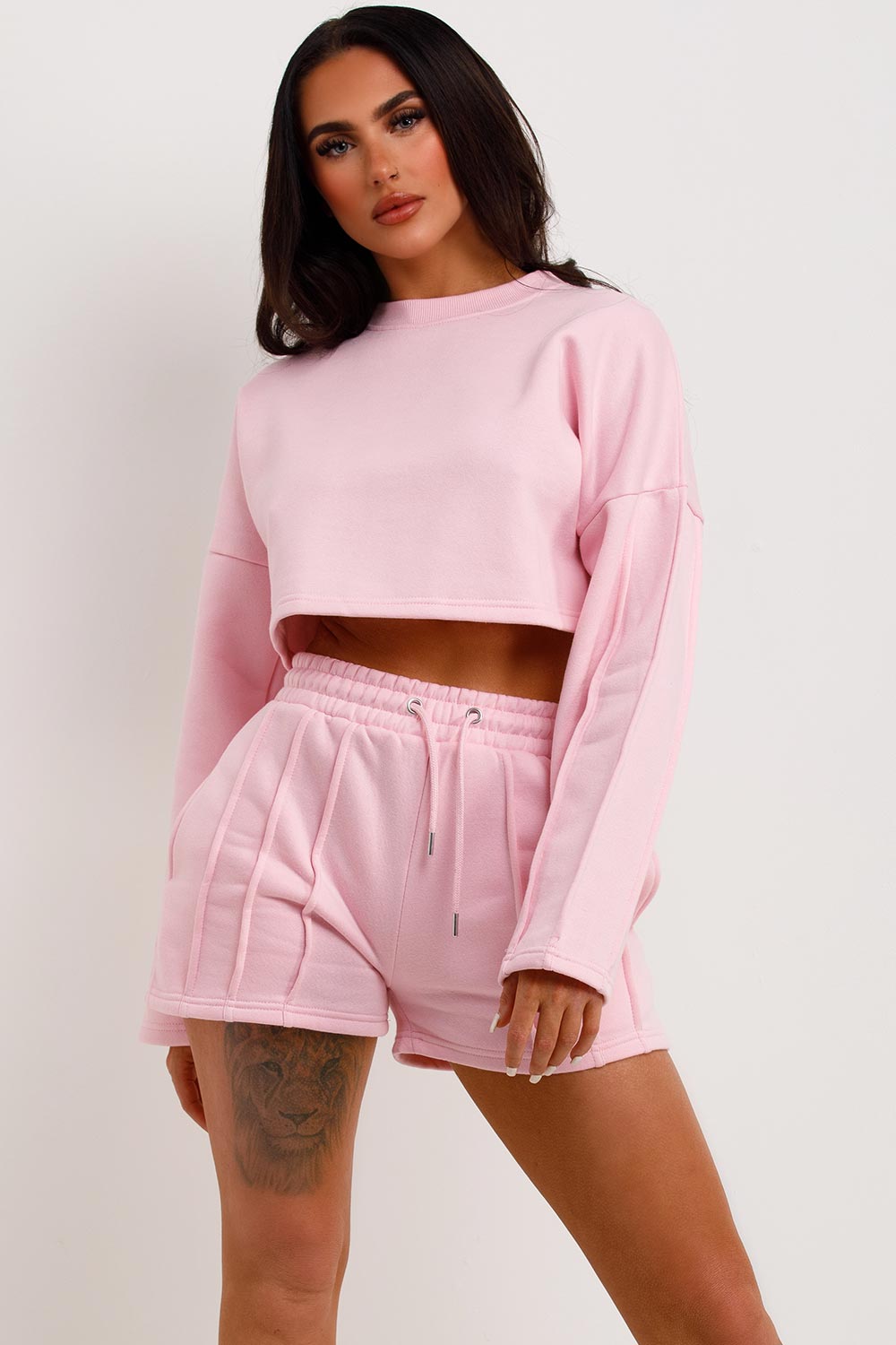 pintuck shorts and crop sweatshirt tracksuit womens