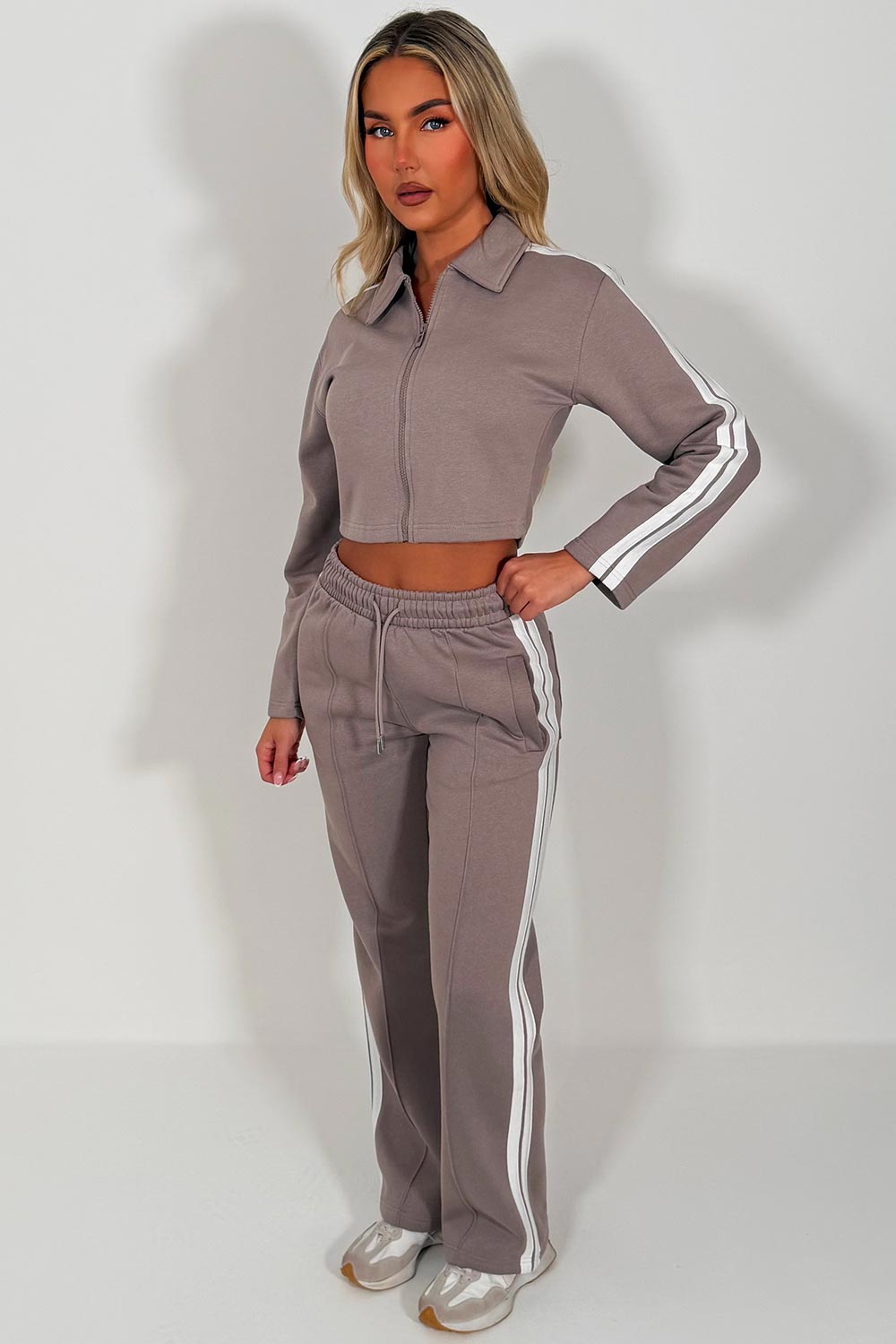 womens zip up sweatshirt and wide leg joggers with side stripes two piece tracksuit co ord set styledup white fox