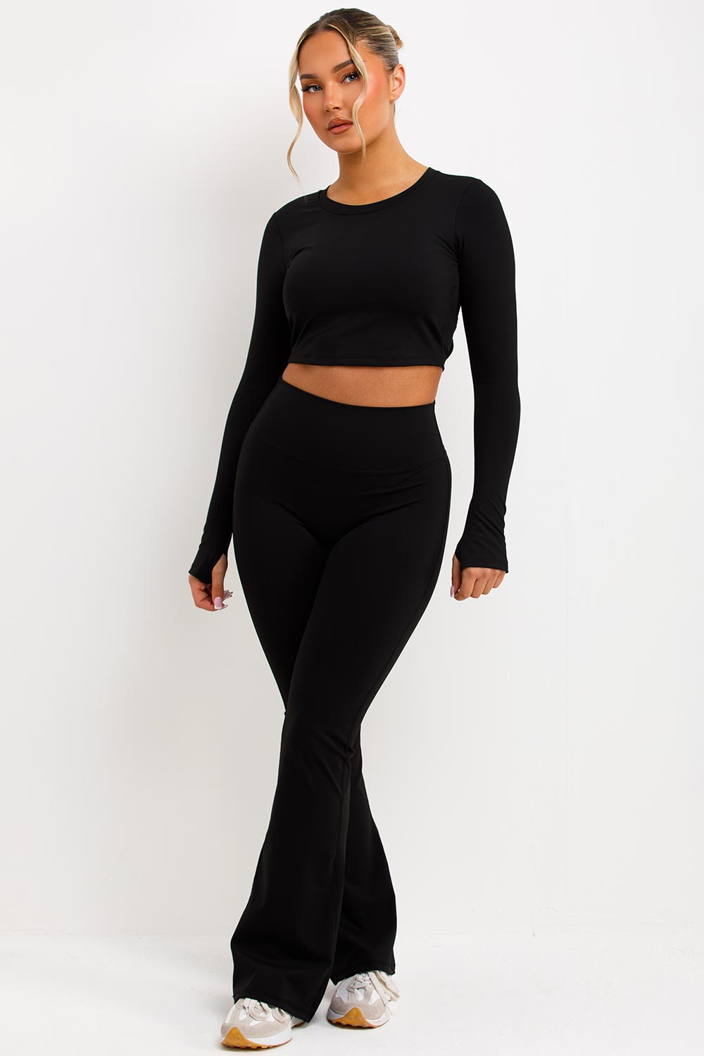 long sleeve crop top and skinny flare trousers two piece set styledup