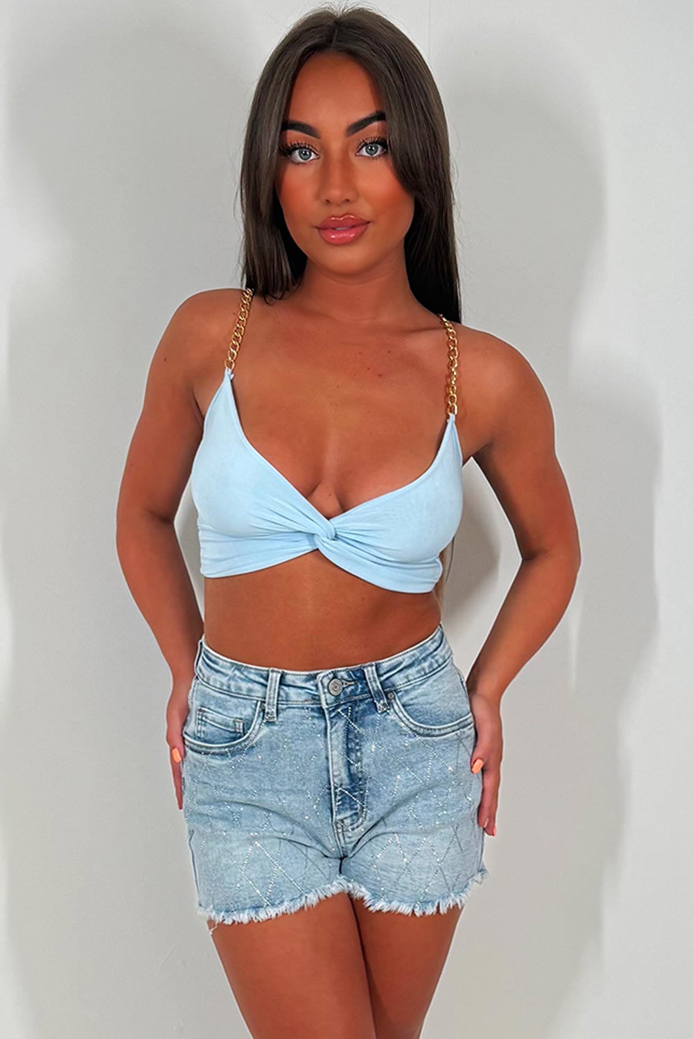 crop top with twist front and gold chains