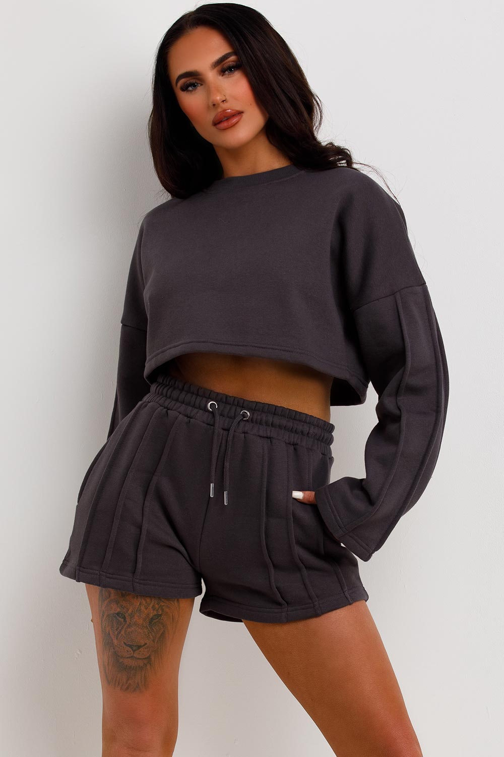crop tracksuit shorts and crop jumper two piece summer lounge set summer