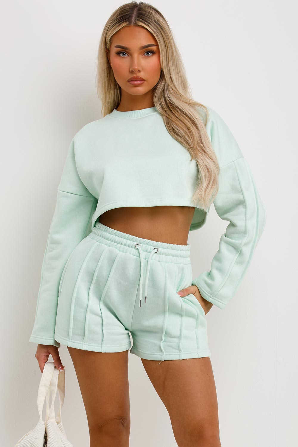 crop tracksuit shorts and crop jumper two piece summer lounge set summer