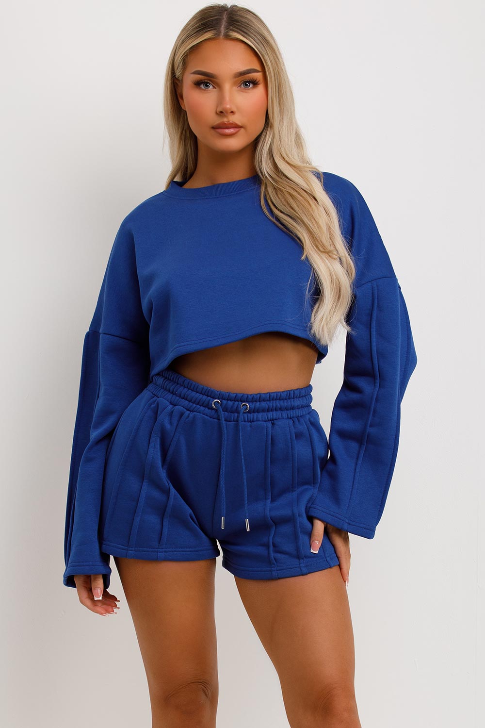 crop tracksuit shorts and crop jumper two piece summer lounge set summer