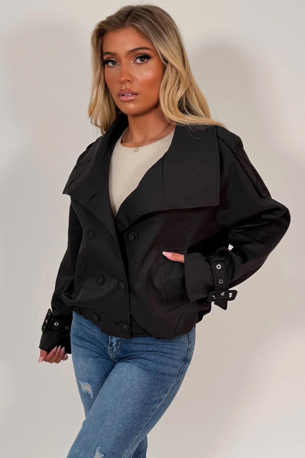 womens cropped black trench jacket styledup uk