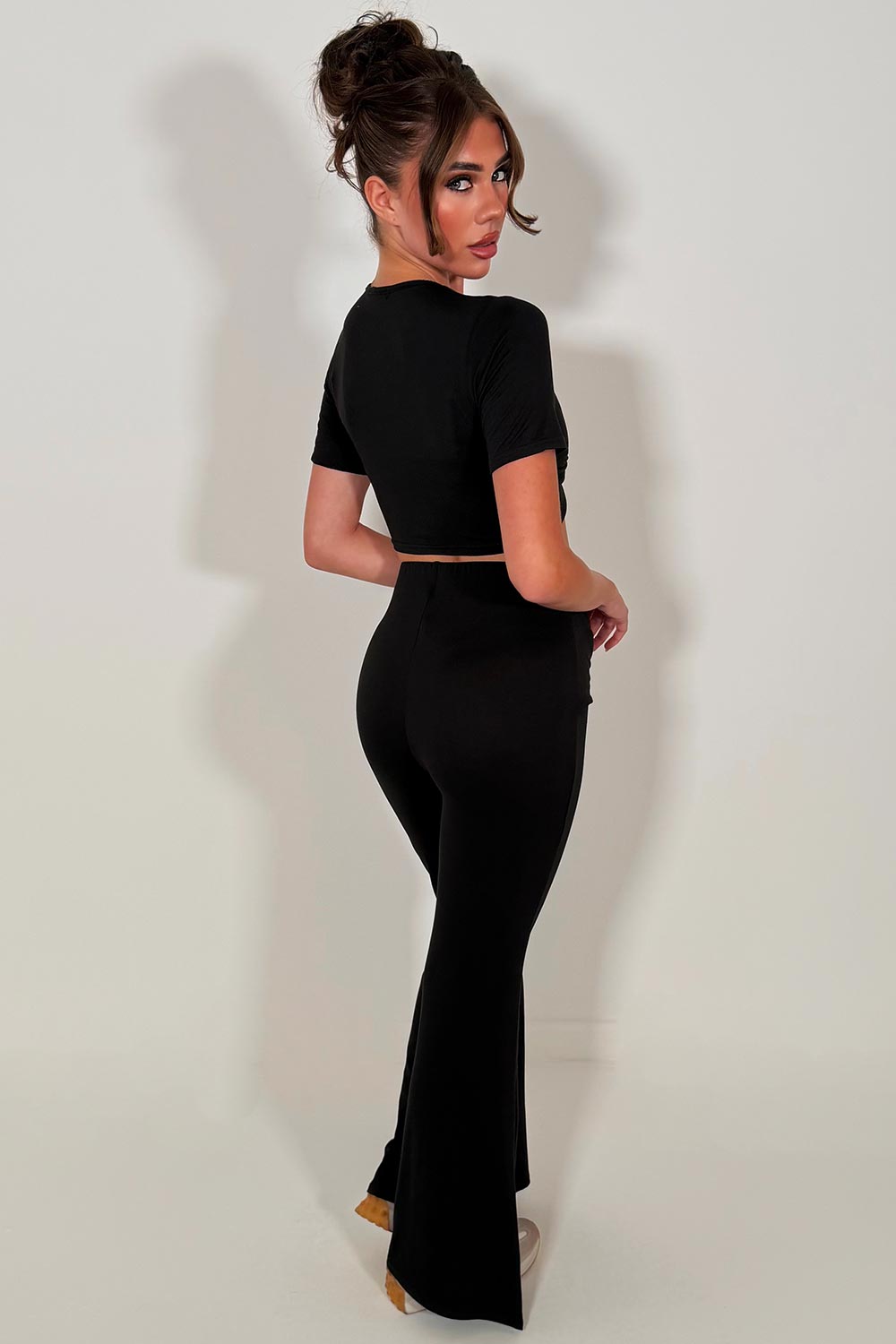 black flared wide leg trousers and crop top two piece co ord set for womens casual outfit styledup sale