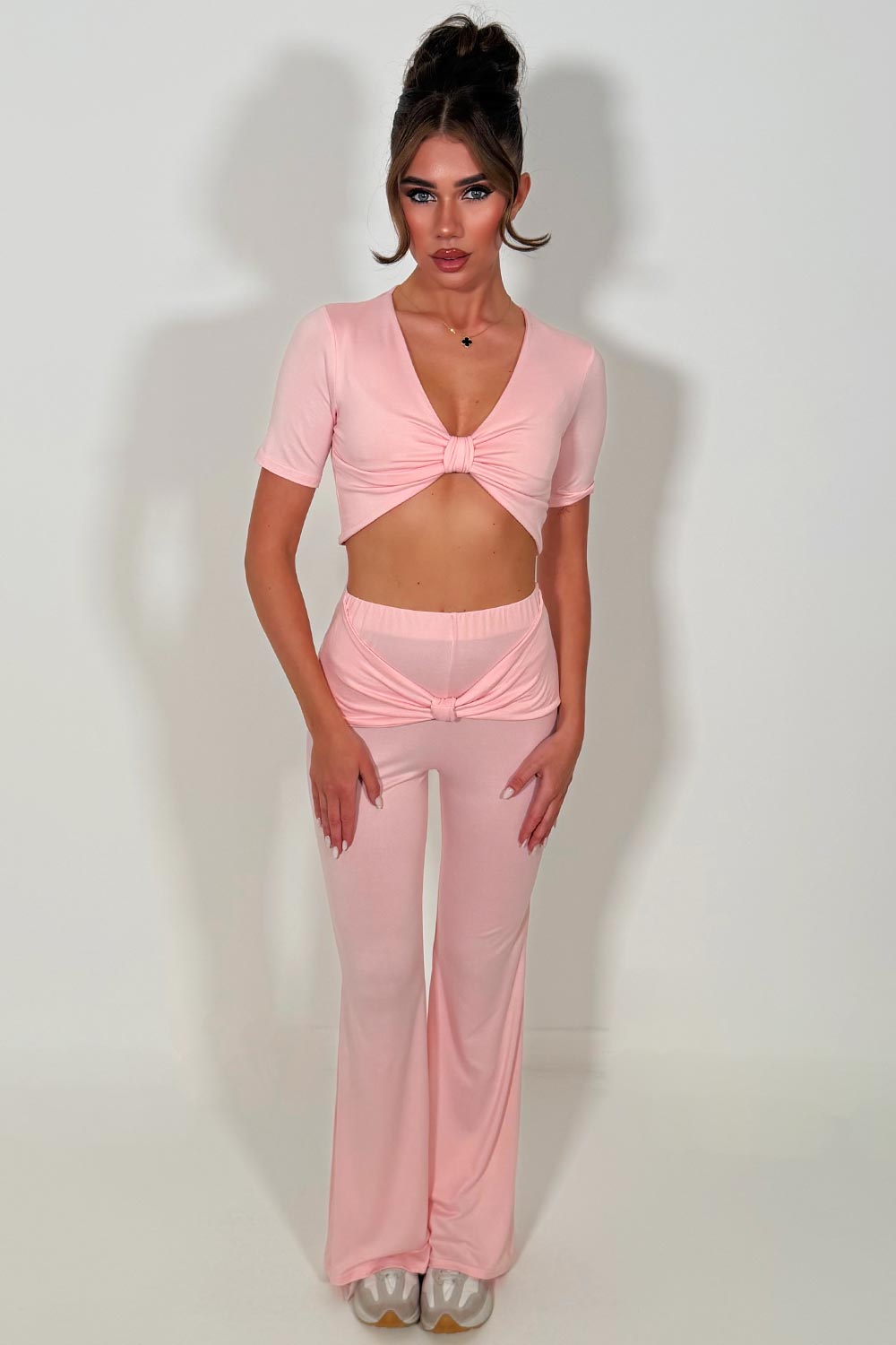 womens flared wide leg trousers and crop top two piece co ord set casual outfit styledup sale