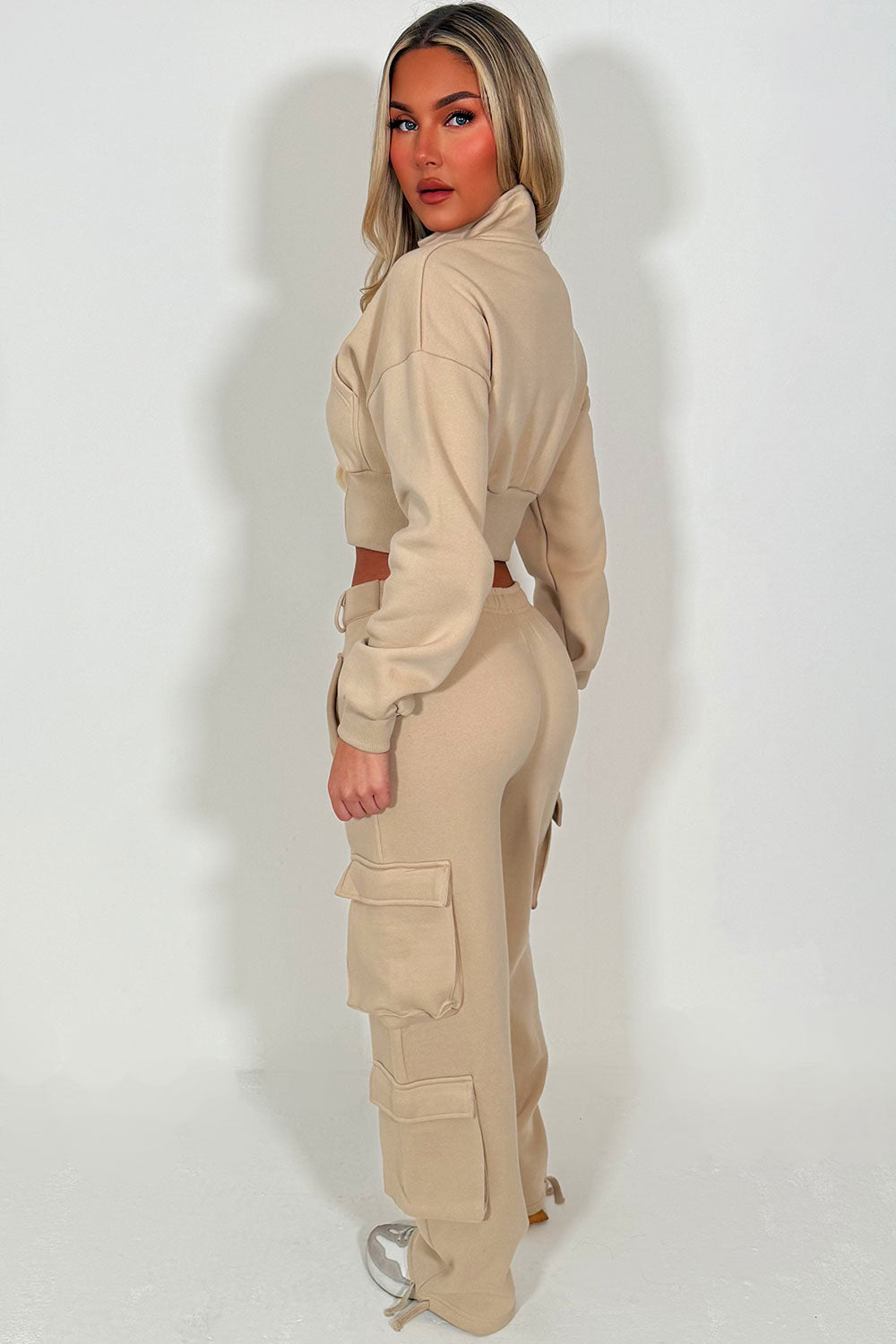 womens cargo joggers and crop zip up sweatshirt loungewear set styledup